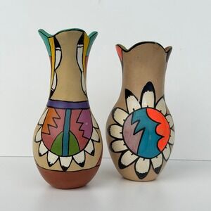 Vintage Native American Pottery Vases Handmade Vibrant Colorful Jemez Folk Art
